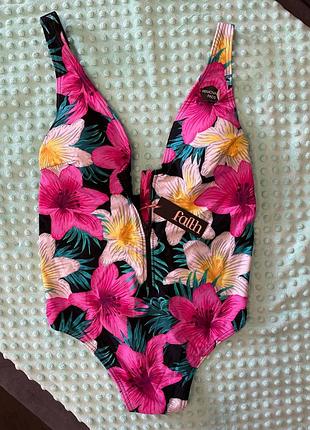 Яскравий купальник на блискавці в квітковий принт 14 розміру