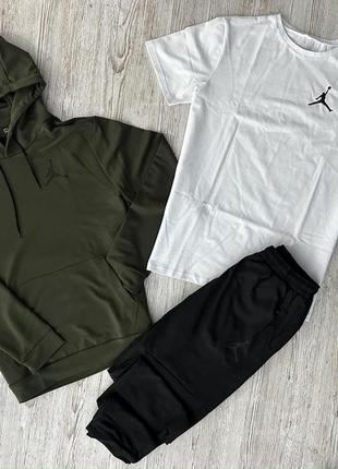 Демісезонний спортивний костюм jordan худі хакі + штани (двонитка) + футболка біла jordan
