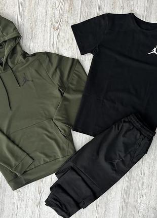 Демісезонний спортивний костюм jordan худі хакі + штани (двонитка) + футболка чорна jordan