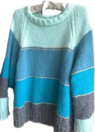 Светр вязаний оверсайз ангора в полоску бірюзовий мятний сірий пуловер джемпер