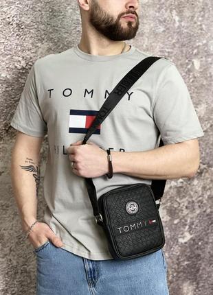 Комплект футболка сіра (вел. лого) + месенджер tommy hilfiger чорний