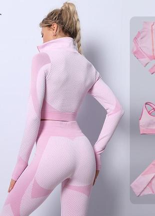Спортивний жіночий костюм для фітнесу. фітнес-костюм-трійка — лосини, топ, рашгард, розмір m (рожевий)4 фото