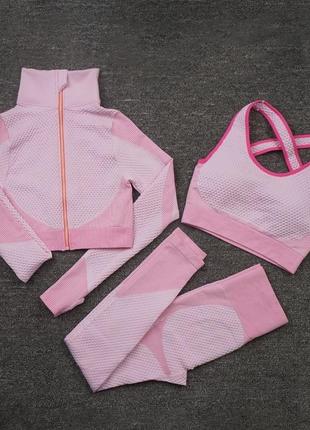 Спортивний жіночий костюм для фітнесу. фітнес-костюм-трійка — лосини, топ, рашгард, розмір m (рожевий)3 фото