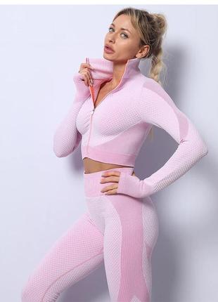 Спортивний жіночий костюм для фітнесу. фітнес-костюм-трійка — лосини, топ, рашгард, розмір m (рожевий)2 фото