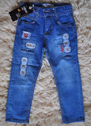 Модные джинсы с аппликацией, 95% котон, весна-лето, wikiland, синие, от 2 до 12 лет