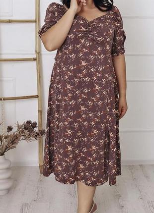 Модное летнее женское платье а-силуэта из плотного штапеля, коричневый