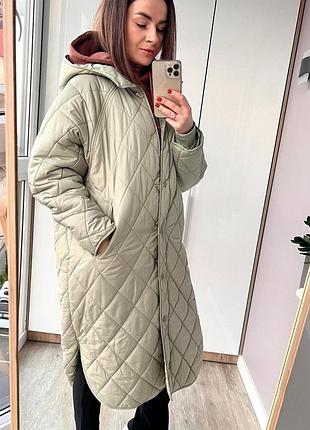 Куртка пальто стеганое стеганое хаки зеленое oversize m l zara 4341 8122 фото
