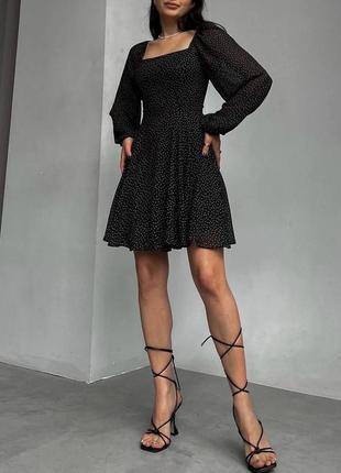 Женское весеннее шикарное легкое  платье в горох (платье в горошек) длинный рукав черное софт 42-44 44-46