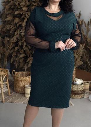 Торгенне смарагдове зелене жіноче плаття приталене, з прозорими рукавами 50-561 фото