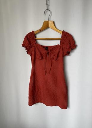 Shein руда сукня міні рукави ліхтарики червона в рубчик зав’язка8 фото