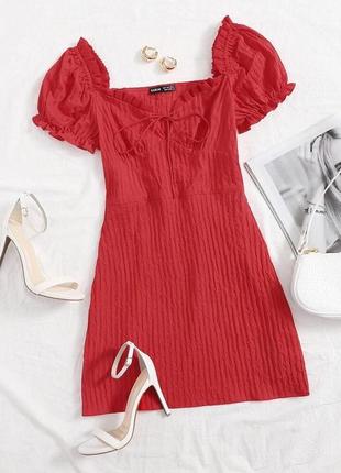 Shein рыжее платье мини-перчатки фонарики красная в рубчик завязка