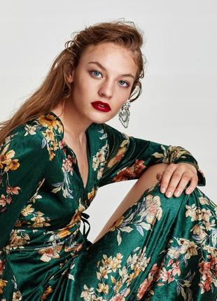 Длинное велюровое платье на запах в цветы от zara4 фото