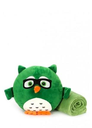 Мягкая игрушка-подушка с пледом сова барик 3 в 1, зеленая1 фото