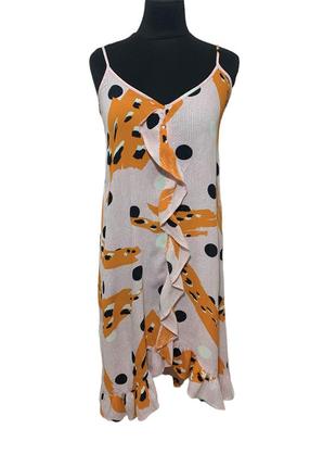 Плаття міді ніжно рожеве принт, волани, на бретелях4 фото