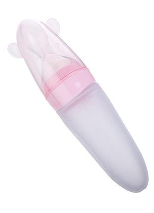 Бутылочка с ложкой силиконовая для кормления у ушками розовый blw14