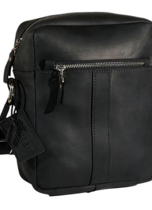 Мужская кожаная сумка через плечо планшет мессенджер из натуральной кожи черная