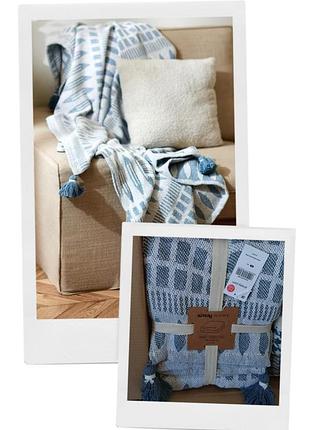 Плед покрывало одеяло премиум качества с принтом и кисточками слоновая кость голубой молочный кремовый sinsay