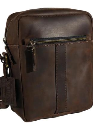 Чоловіча шкіряна сумка через плече планшет месенджер із натуральної шкіри коричнева1 фото