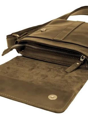 Мужская кожаная сумка через плечо из натуральной кожи планшет мессенджер с клапаном оливковая4 фото