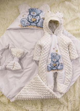Плюшевый комплект для новорожденных зимний, принт медвежонок, молочный6 фото