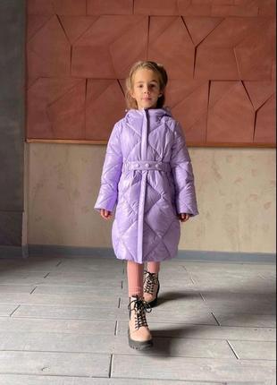 Пальто пуховик сиреневое из экопуха на зиму для девочки 4-5 лет/рост 110см