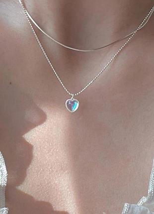 Нежная двойная подвеска сердце с переливом серебро посеребрение 925 проба чокер ланцюжок