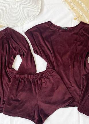 Велюровый комплект 4в1 рубчик для дома и сна, четверка шорты футболка кофта брюки, велюровая пижама в рубчик, домашний костюм5 фото