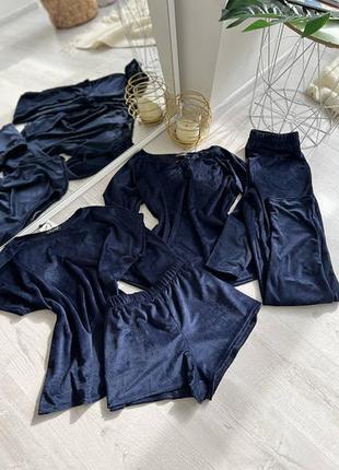 Велюровый комплект 4в1 рубчик для дома и сна, четверка шорты футболка кофта брюки, велюровая пижама в рубчик, домашний костюм2 фото
