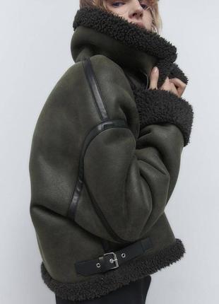 Укороченая женская дубленка хаки, куртка авиатор зара, короткая весенняя косуха