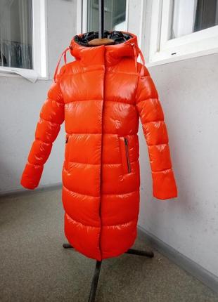 Зимняя теплая фабричная оранжевая куртка для девочек на пухе филтекс