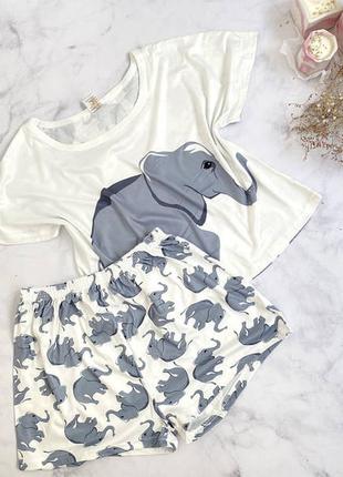 Якісна легка піжама з принтом слони, авокадо, укорочена футболка+шорти, стильна піжама тонка4 фото