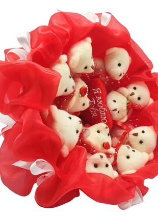 Букет з іграшок ведмедики 11 із сердечком у червоно-білому 5172it2 фото