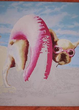 Картина собака на пляжі море в колі пасує за номерами холс акрил