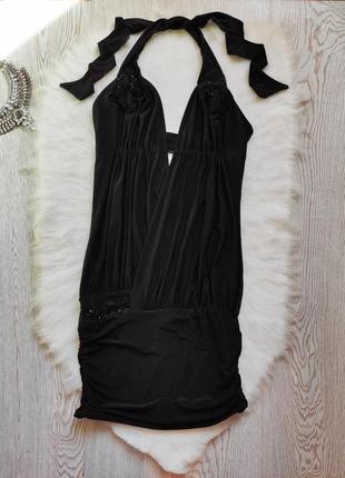 Черное вечернее секси стрейч короткое мини платье декольте на запах открытая спина страз1 фото