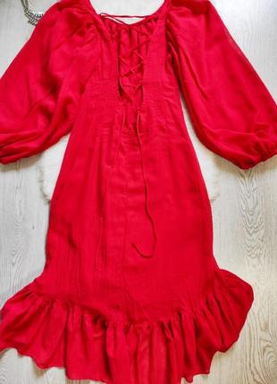 Красное миди длинное платье с рюшами воланами люверсами шнуровкой на спине обьемный рукав2 фото