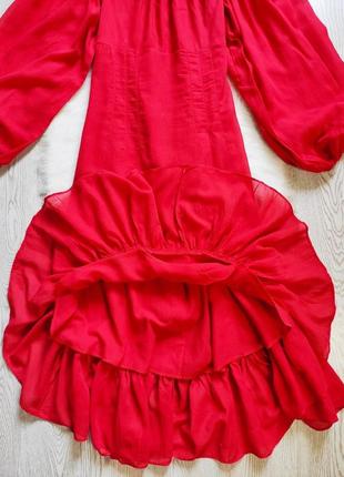 Красное миди длинное платье с рюшами воланами люверсами шнуровкой на спине обьемный рукав4 фото