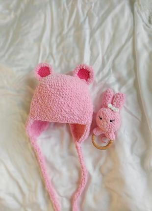 Детская розовая шапка с ушками шапка мишка2 фото