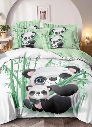 Комплект постельного белья фланель полуторный  размер с простыней на резинке спальное место 140*200 см панды