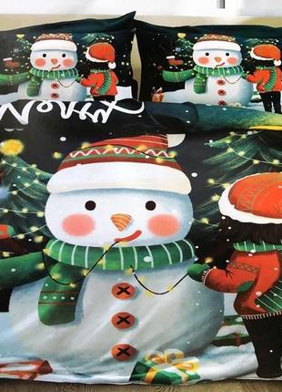 Комплект постельного белья новогодний фланель евро размер 200*230 см с 4 наволочками снеговик