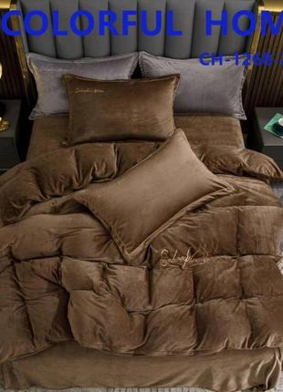 Велюровый комплект постельного белья colorful home евро размер 220*240 см  бежевого цвета