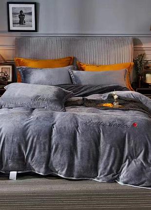 Велюровый комплект постельного белья  моника евро размер серого цвета