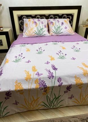 Комплект постельного белья натуральный двухсторонний бязь голд лаванда полоска фиолетового цвета1 фото