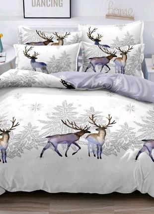 Комплект постельного белья новогодний фланель полуторный  размер олени синего цвета2 фото