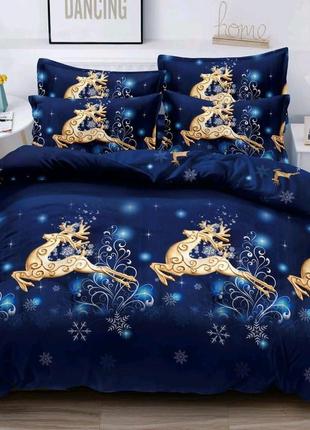 Комплект постельного белья новогодний фланель полуторный  размер олени синего цвета
