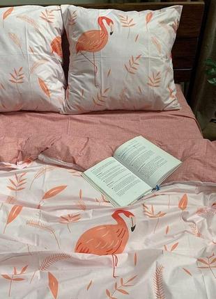 Комплект постельного белья натуральный двухсторонний бязь голд осенний фламинго оранжевого цвета