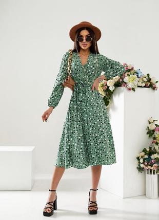 Жіноча сукня міді на запах зелена с поясом в горошок весна літо