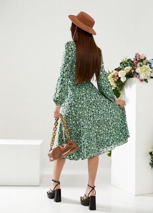 Женское платье миди на запах зеленое с поясом в горошек весна лето2 фото
