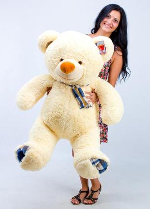 Плюшевий ведмедик 130 см кремовий "клітка" великий плюшевий ведмідь, велика м'яка іграшка плюшевий ведмедик 1,3 м