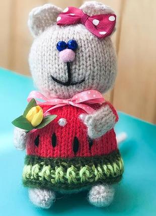 Іграшка ручної роботи кішка з квіткою lifeflux в'язана м'яка 150 мм