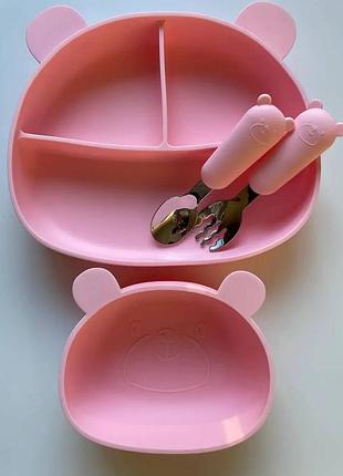 Силиконовая посуда для первого прикорма для девочки из пищевого силикона:тарелки на присосках мишка розовый
